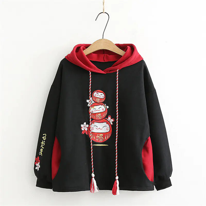 Casual Cartoon Embroidery Hooded Velvet Sweater