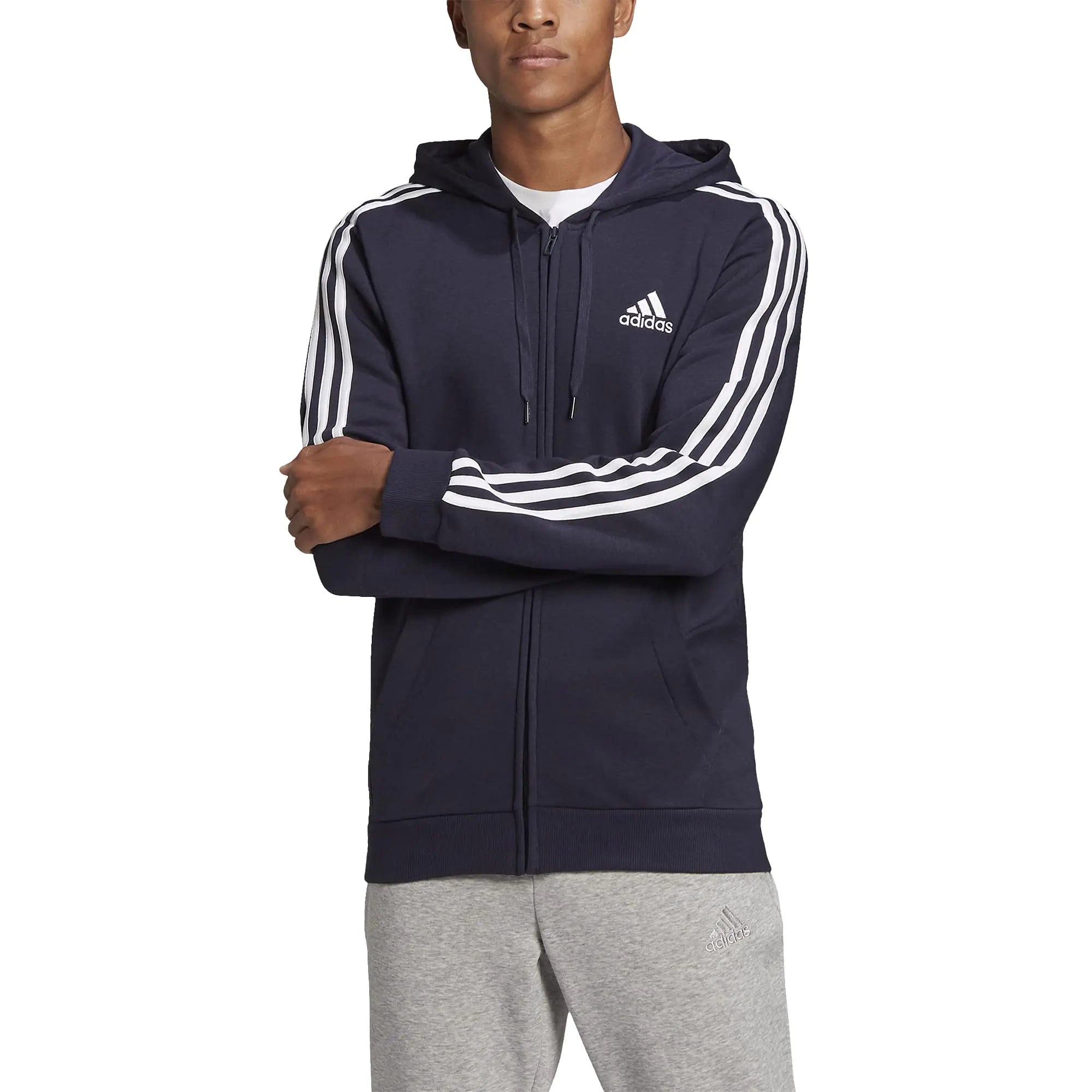 adidas Mens Standard Essentials Fleece 3-Stripes Full-Zip Hoodie Legend Ink