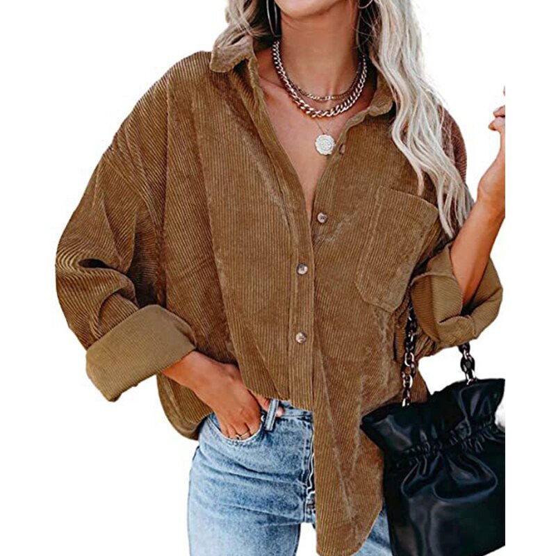 Corduroy Jackets for Women Single-breasted Casual Jackets Loose Tunic Outerwear Brown Green Coat Autumn Clothes