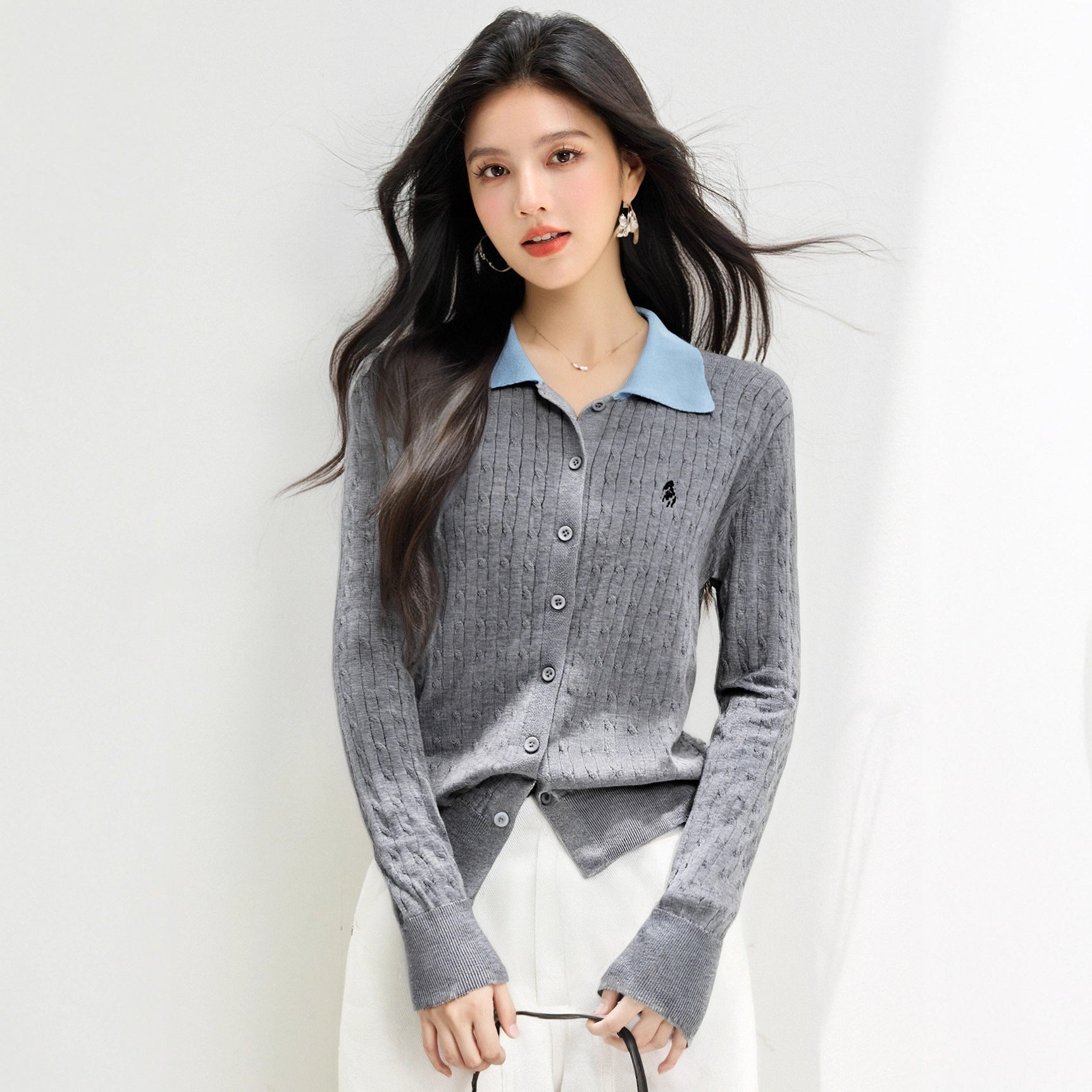 Fashionable Knit Cardigan with Polo Collar False Two-Piece StyleCable Knit Detail for Women