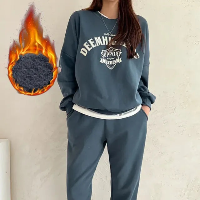 Women's Casual Fleece Tracksuit Set with Letter Print