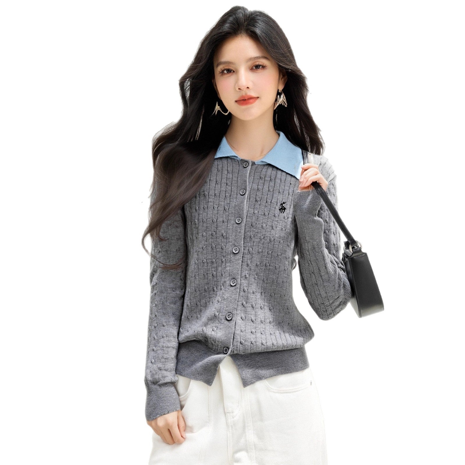 Fashionable Knit Cardigan with Polo Collar False Two-Piece StyleCable Knit Detail for Women