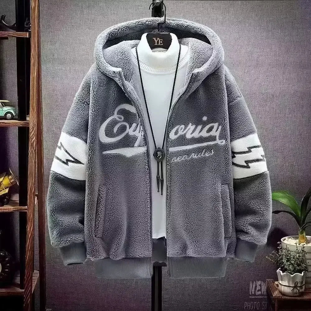 2023 Autumn Winter Men's Hooded Jackets Korean Fashion Streetwear Harajuku Jackets Casual Men Clothing Wool Jackets Warm Jacket