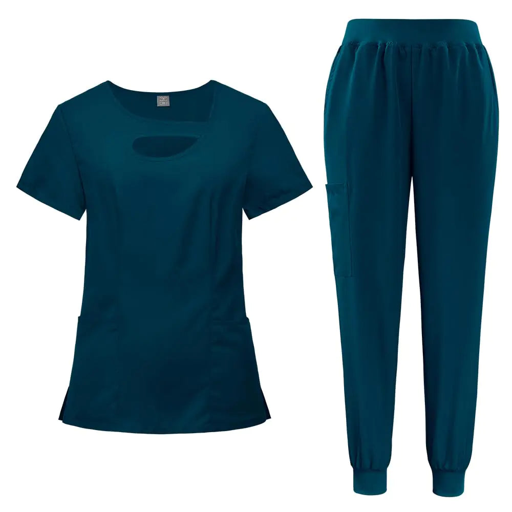 VIAOLI Scrub Set for Women Fashionable Neck Scrub Top & Tapered Leg Jogger Scrub Pants Medical Nursing Uniforms Set (Caribbean BlueS)