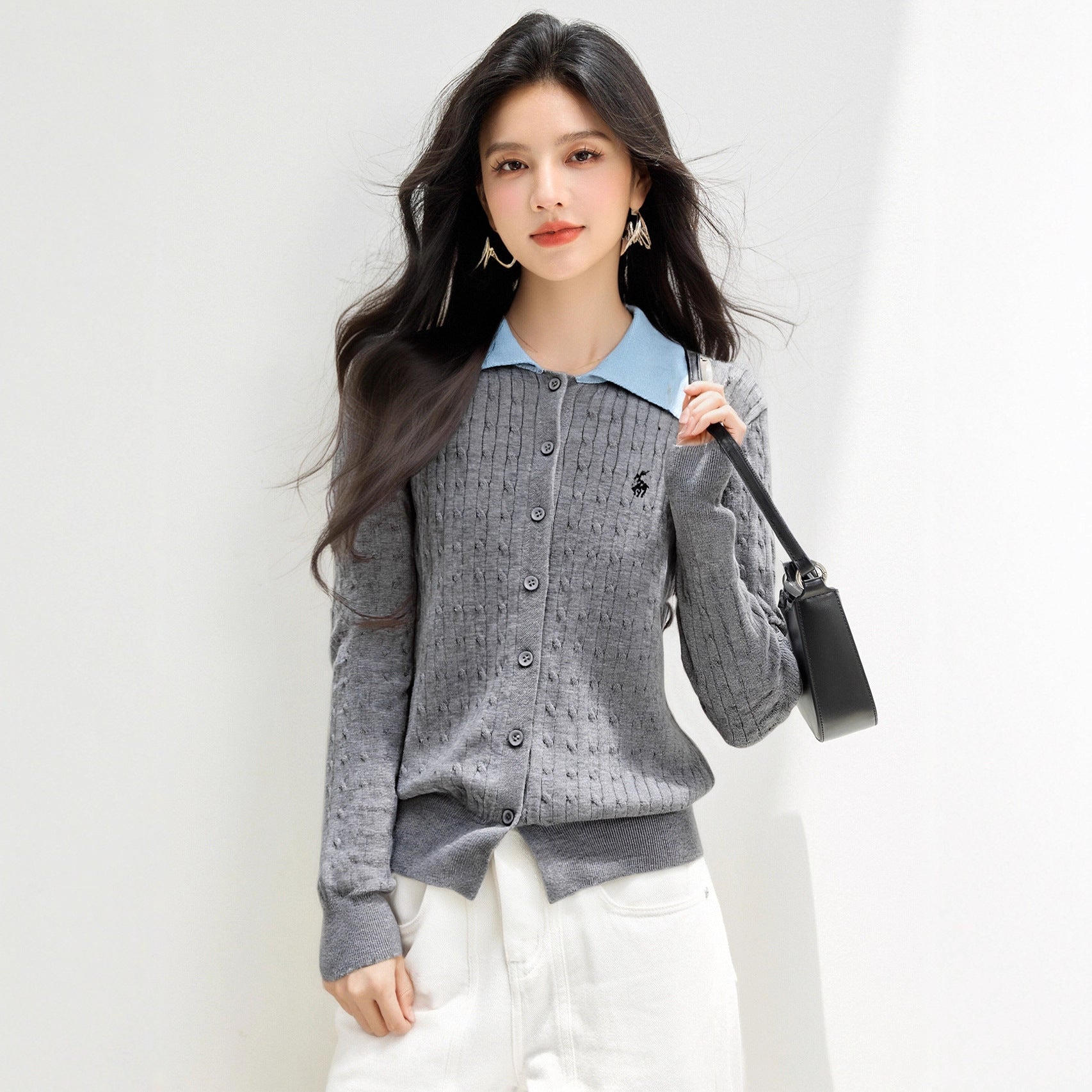 Fashionable Knit Cardigan with Polo Collar False Two-Piece StyleCable Knit Detail for Women