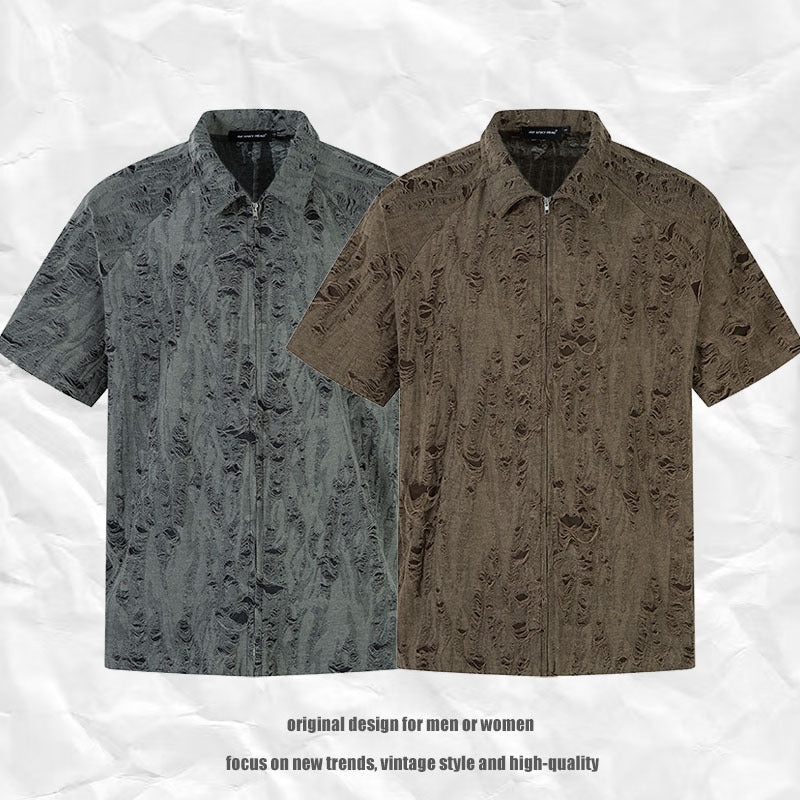 Short Sleeve Shirt for Men and Women Design Distressed Loose Zipper Cardigan