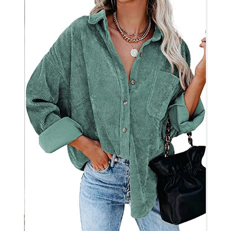 Corduroy Jackets for Women Single-breasted Casual Jackets Loose Tunic Outerwear Brown Green Coat Autumn Clothes