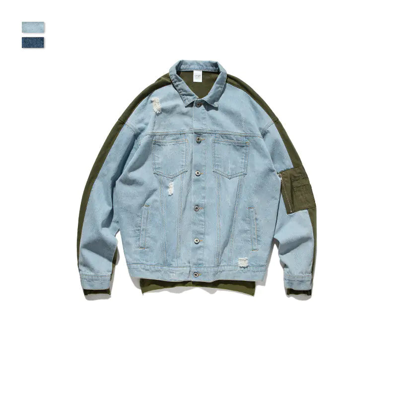 Men's Loose Fit Patchwork Denim Jacket and Hoodie