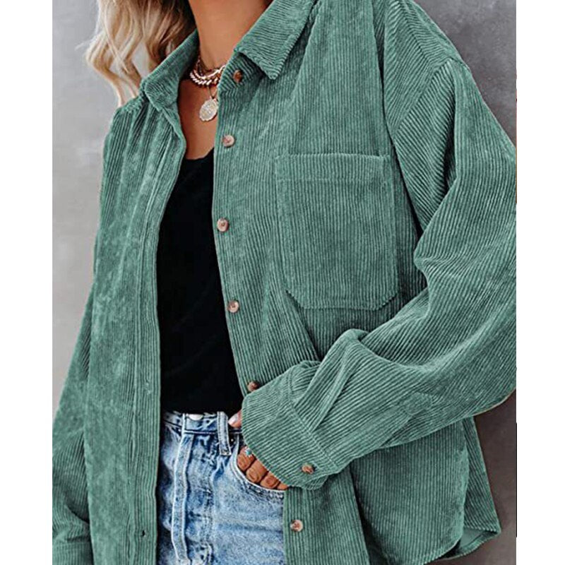 Corduroy Jackets for Women Single-breasted Casual Jackets Loose Tunic Outerwear Brown Green Coat Autumn Clothes