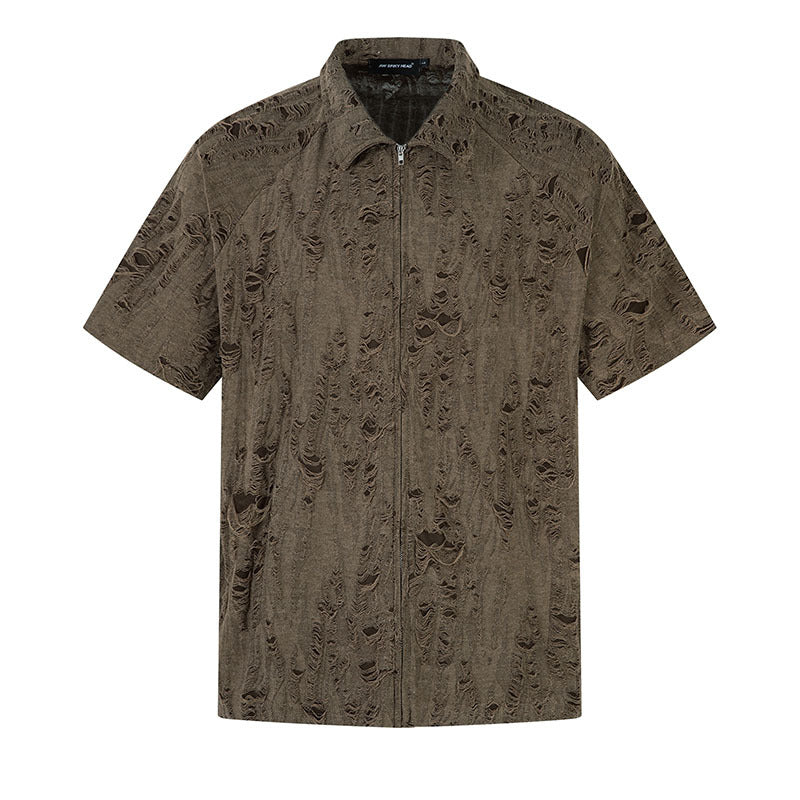 Short Sleeve Shirt for Men and Women Design Distressed Loose Zipper Cardigan