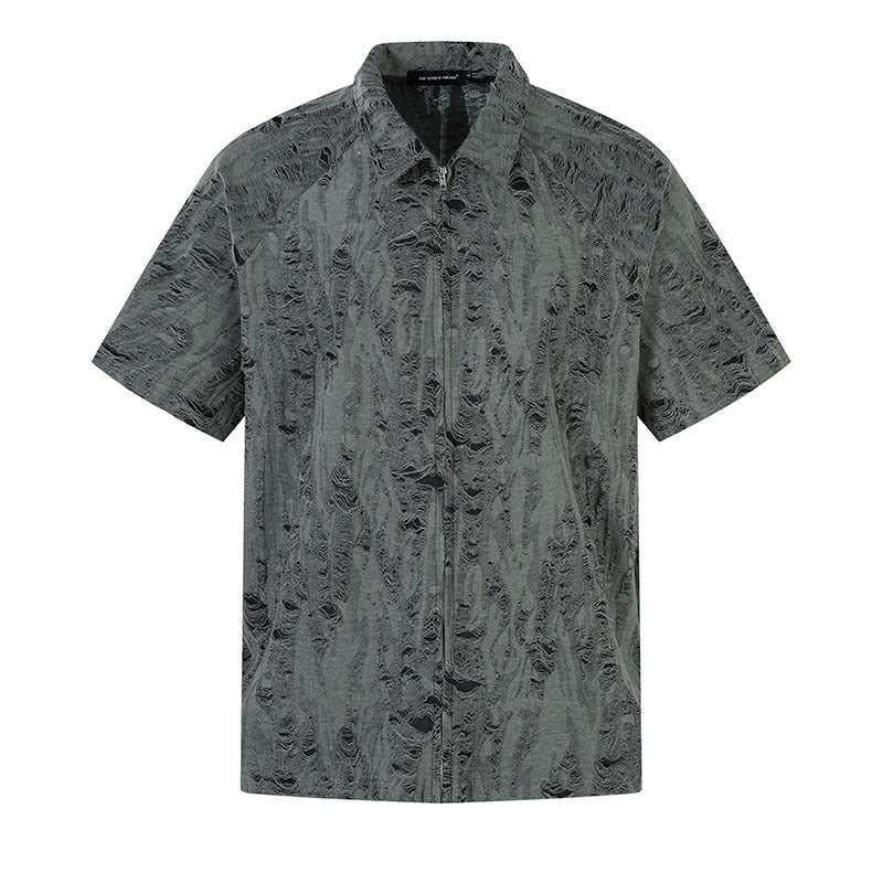 Short Sleeve Shirt for Men and Women Design Distressed Loose Zipper Cardigan