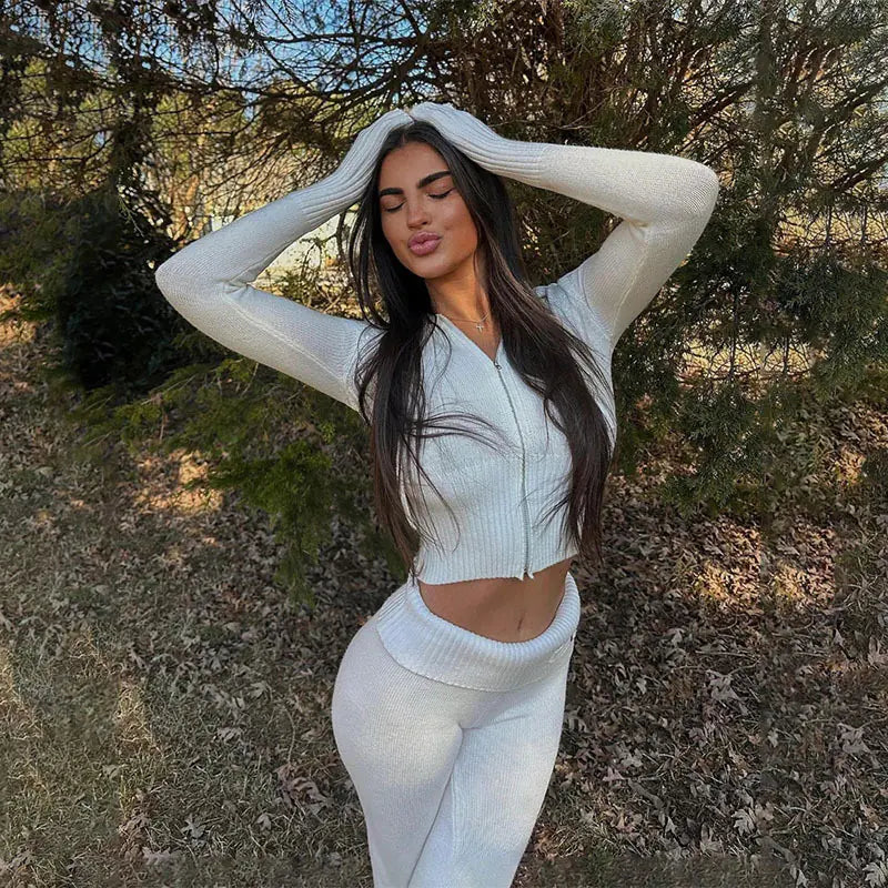 2023 Women's Fashion Knit Hoodie Set - Long Sleeve Pants