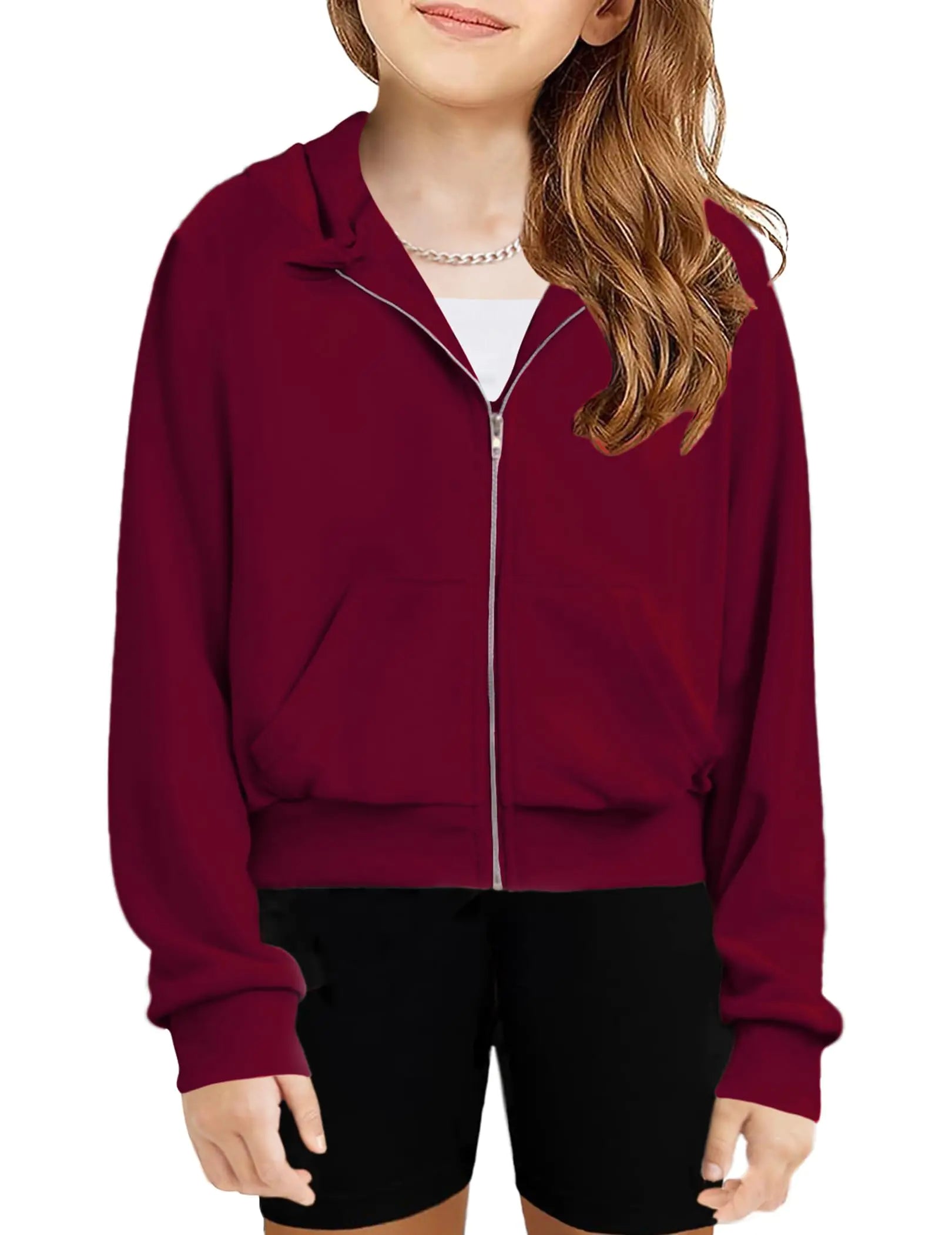 Arshiner Girls Zip Up Cropped Hoodies Teen Casual Long Sleeve Full-Zip Sweatshirts Jackets Wine Red Hoodie Hoodie For Girls 10-12