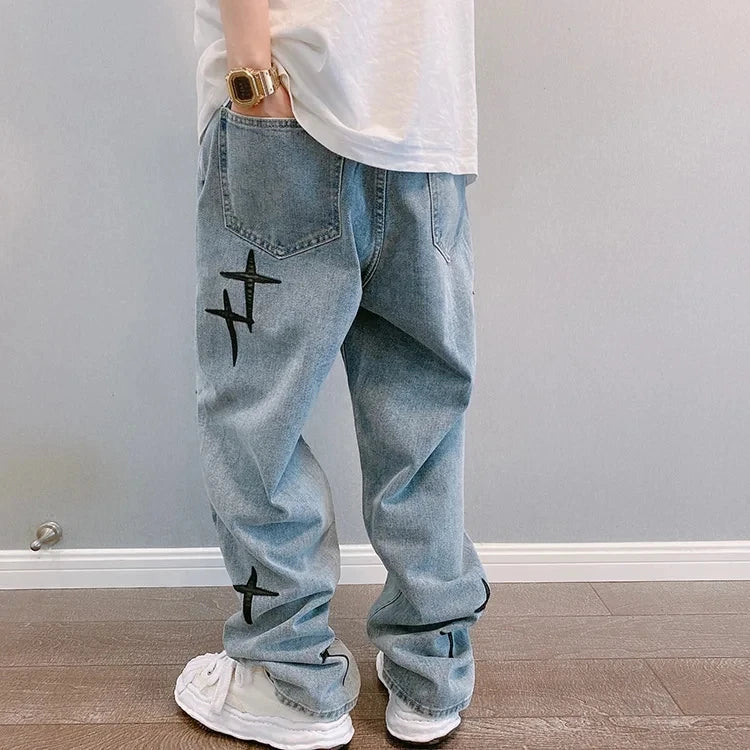 New Baggy Men's Jeans Embroidery Fashion Loose Denim Pants Streetwear Hip Hop Straight Wide Leg Trousers Casual Men Clothing