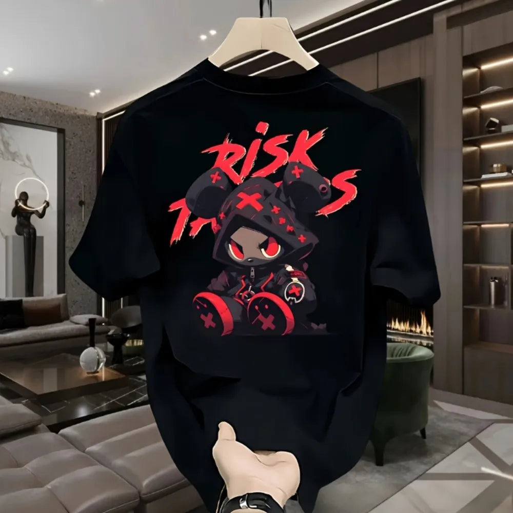 Hot selling men's high street cartoon printed polyester micro elastic breathable round neck T-shirt outdoor urban fashion top