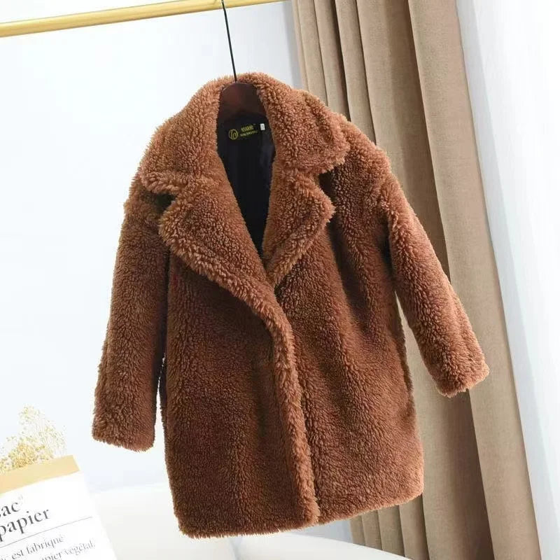 2025 New Winter Clothes for Girls Trench Coat Shorn Sheepskin Solid Color Long Overcoat Unisex Thicken Fur Turn Down Coolar