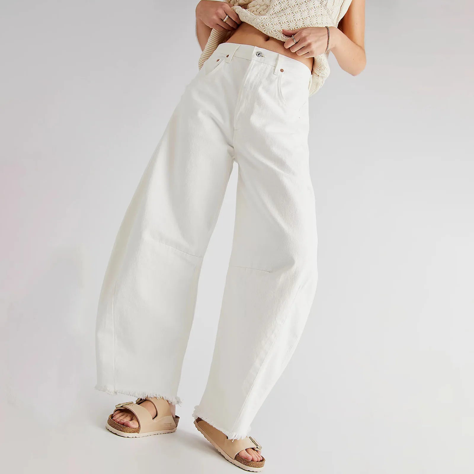 Women's Baggy Vintage Boyfriend Jeans Wide Leg Mid Rise Barrel Cropped Raw Hem Denim Ankle Pants Fashion Streetwear