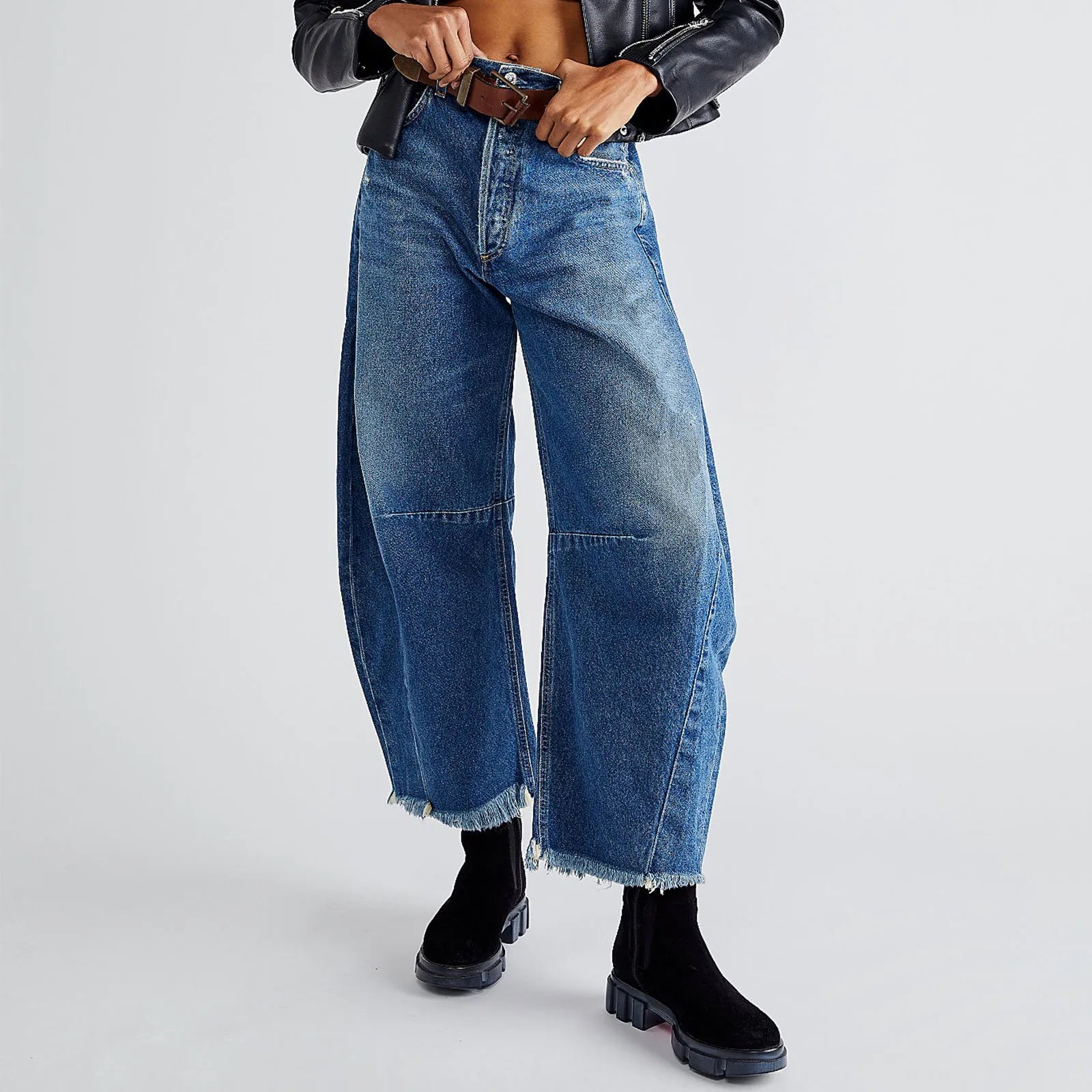 Women's Baggy Vintage Boyfriend Jeans Wide Leg Mid Rise Barrel Cropped Raw Hem Denim Ankle Pants Fashion Streetwear