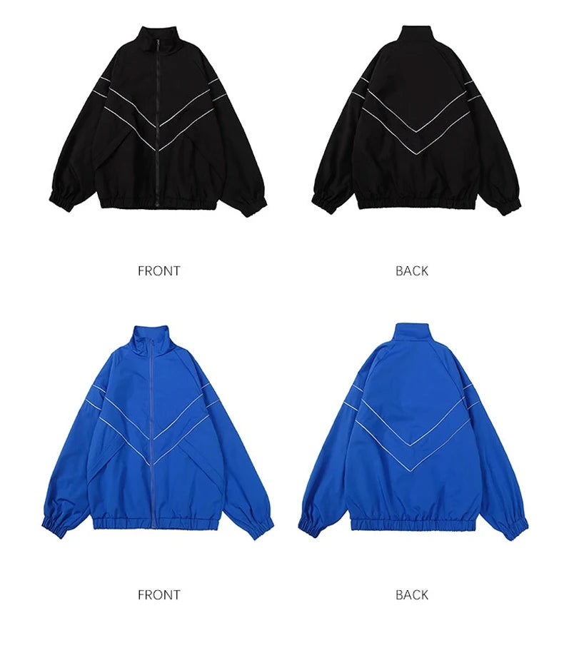 Reflective Striped Jacket 2023 Men Hip Hop Streetwear Coat Zipper Up Jacket Windbreaker Harajuku Thin Coats Sports Black Blue