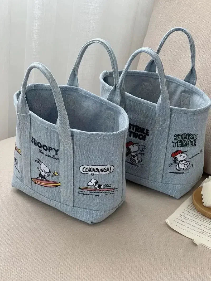 Snoopy Cute Kawaii Embroidered Canvas Mom Bag Lunch Office Bag Girls Student Outing Large Capacity Cartoon Print Handbag