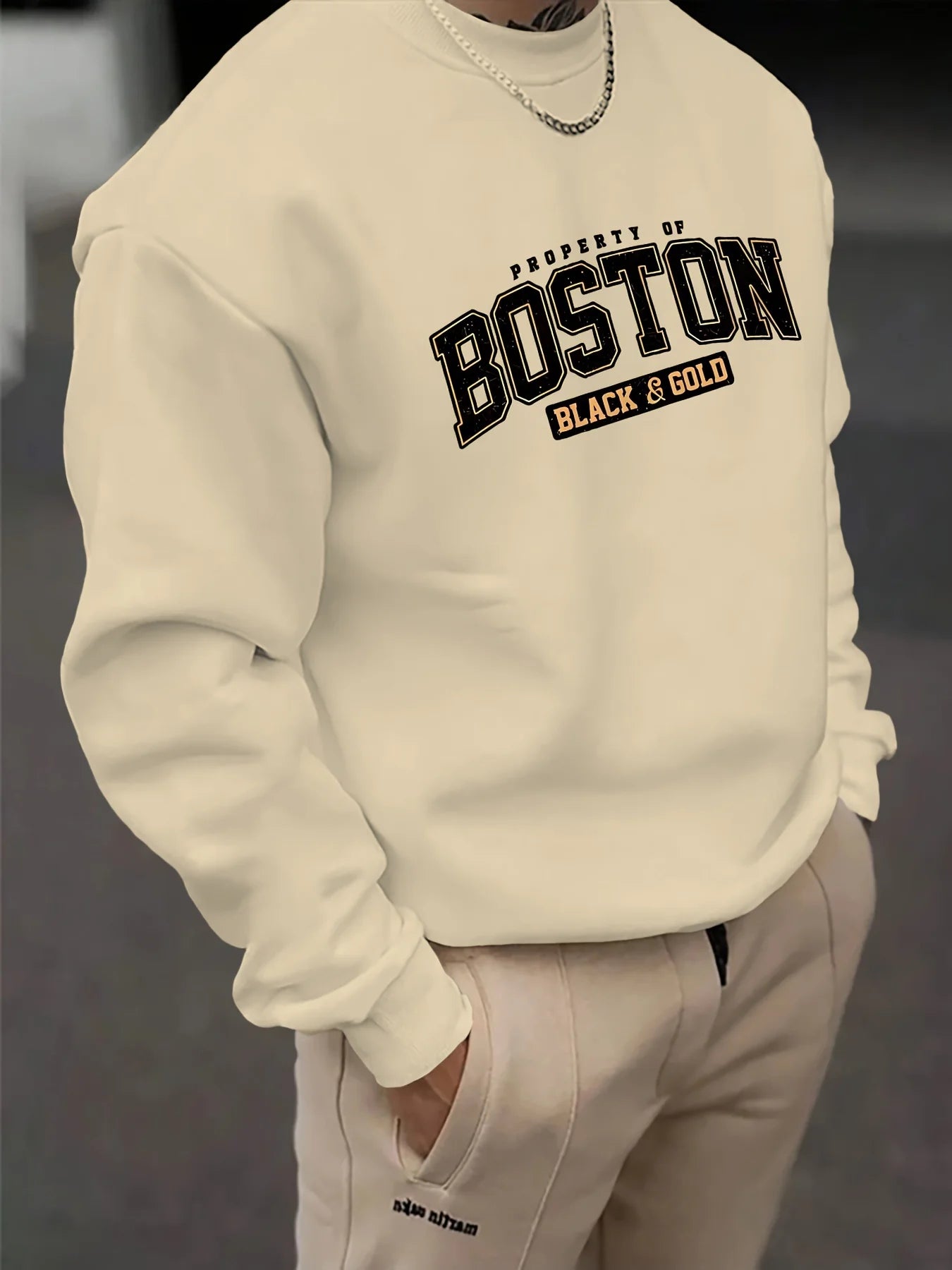 Men's autumn and winter fashionable casual loose Boston black golden letter graphic fleece long sleeved round neck sweatshirt