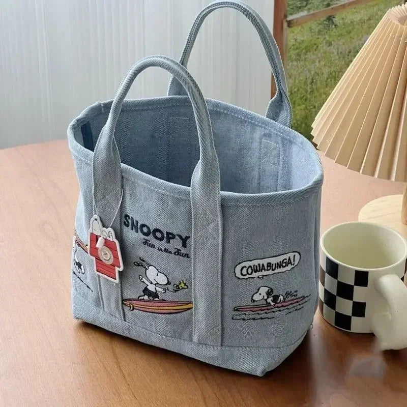 Snoopy Cute Kawaii Embroidered Canvas Mom Bag Lunch Office Bag Girls Student Outing Large Capacity Cartoon Print Handbag
