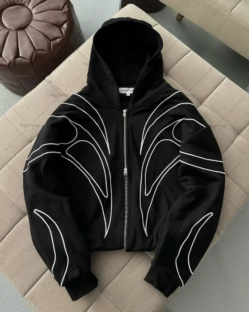 Texture splicing embroidery niche black hooded sweatshirt American retro high street fashion brand double zipper sweatshirt
