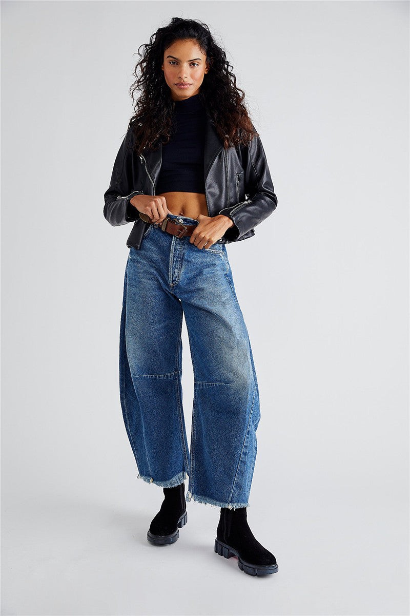Women's Baggy Vintage Boyfriend Jeans Wide Leg Mid Rise Barrel Cropped Raw Hem Denim Ankle Pants Fashion Streetwear