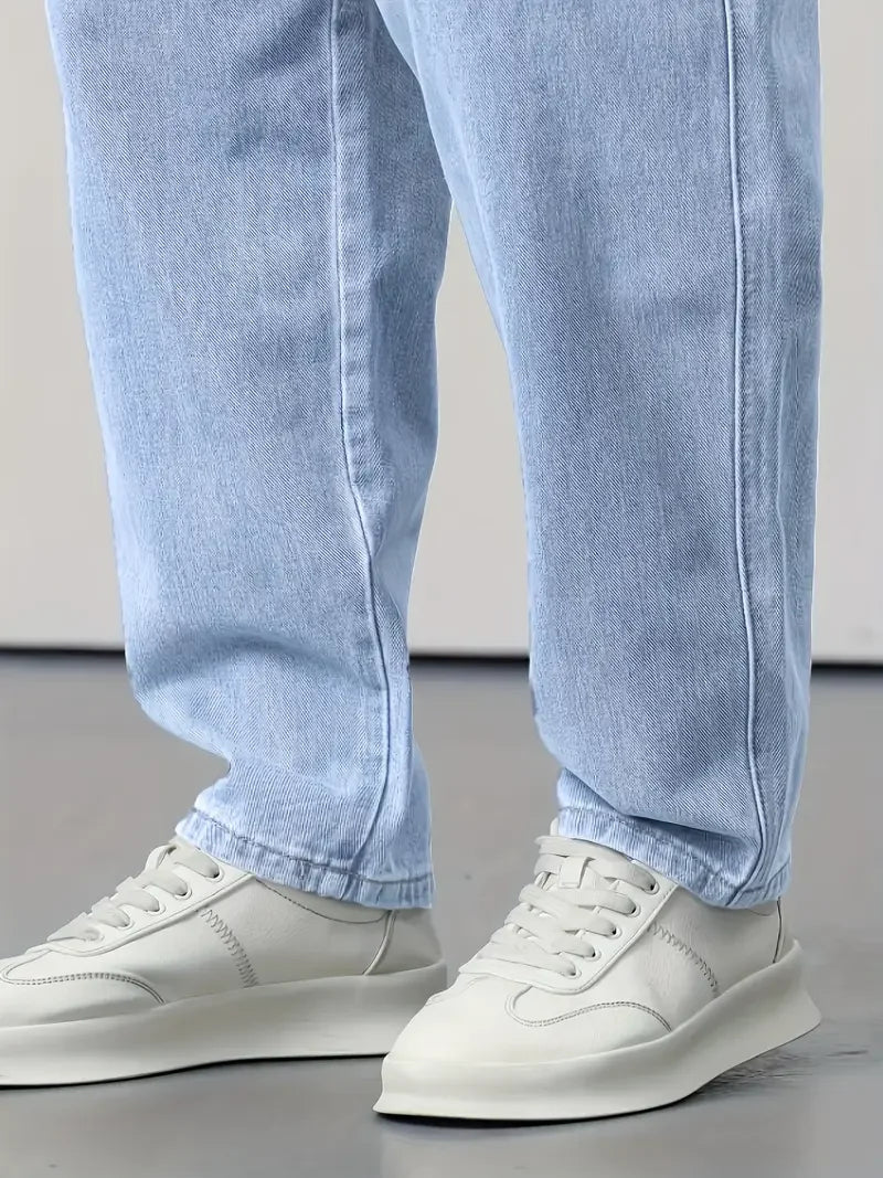 Men's Light Blue Straight-Leg Casual Jeans - Streetwear Style Regular Fit Denim Pants, Non-Stretch All-Season Comfort, Hand Wash