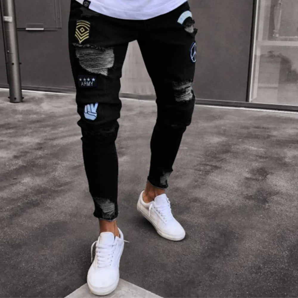 White Embroidery Skinny Ripped Jeans Men Cotton Stretchy Hole Slim Fit Hip Hop Denim Pants Casual Jeans for Men Jogging Trousers