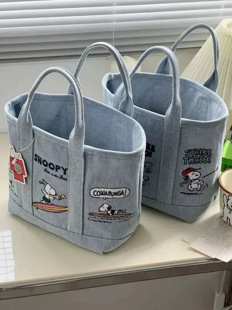 Snoopy Cute Kawaii Embroidered Canvas Mom Bag Lunch Office Bag Girls Student Outing Large Capacity Cartoon Print Handbag