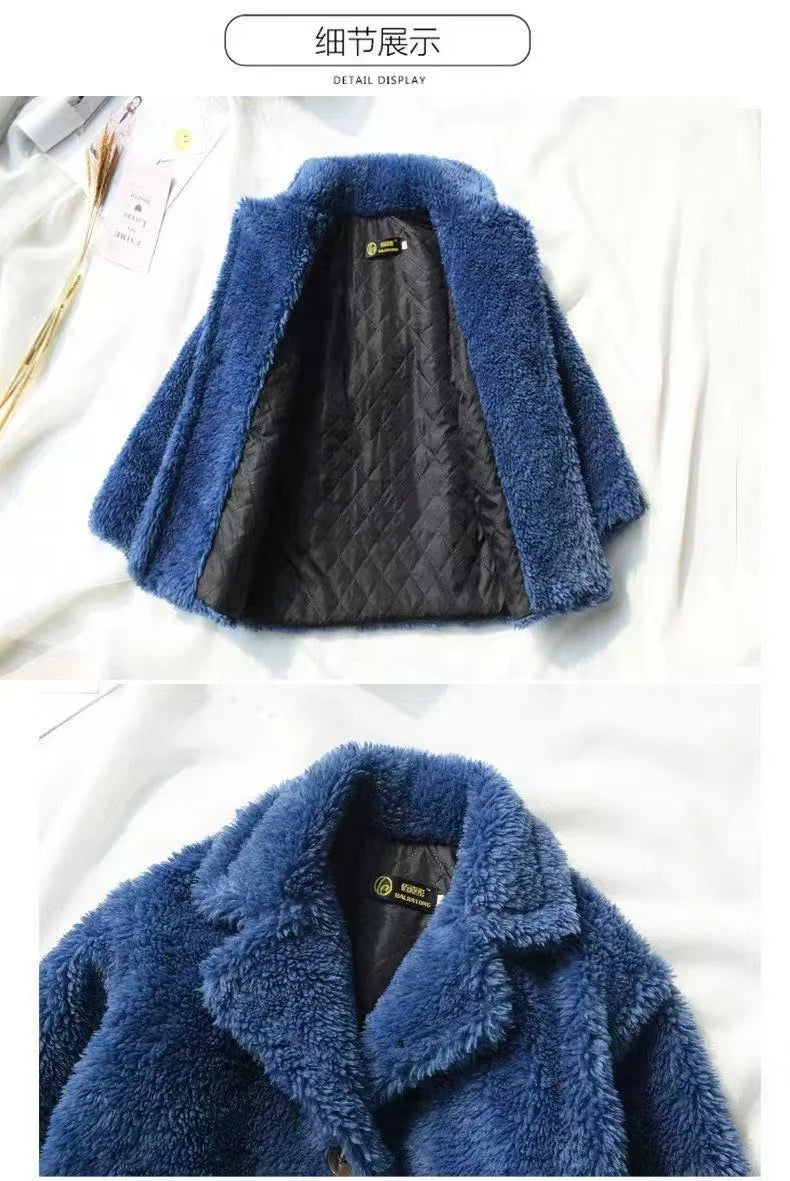2025 New Winter Clothes for Girls Trench Coat Shorn Sheepskin Solid Color Long Overcoat Unisex Thicken Fur Turn Down Coolar