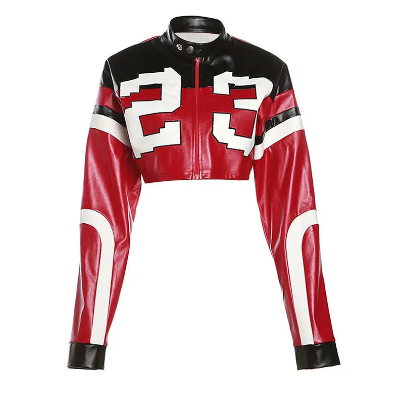 Women Crop Coat New Streetwear Fashion Letter Print Autumn Casual Sporty Wild Clothing Uniform Trend Female Faux Leather Jacket