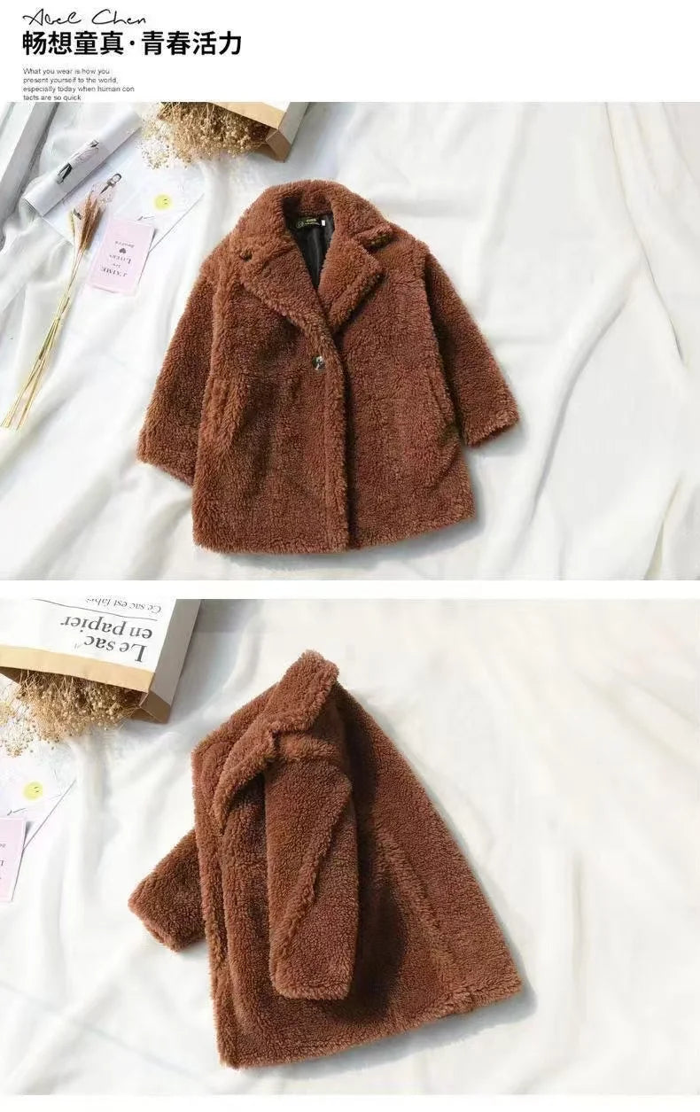 2025 New Winter Clothes for Girls Trench Coat Shorn Sheepskin Solid Color Long Overcoat Unisex Thicken Fur Turn Down Coolar