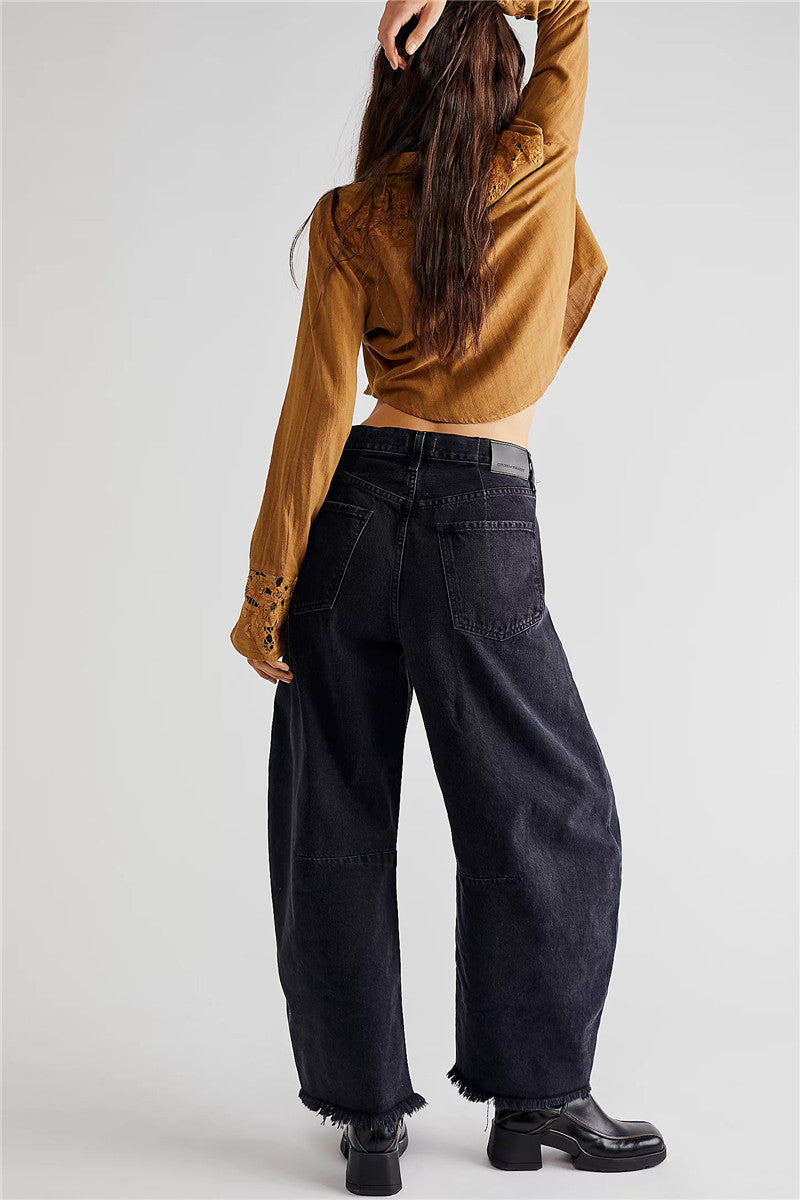 Women's Baggy Vintage Boyfriend Jeans Wide Leg Mid Rise Barrel Cropped Raw Hem Denim Ankle Pants Fashion Streetwear
