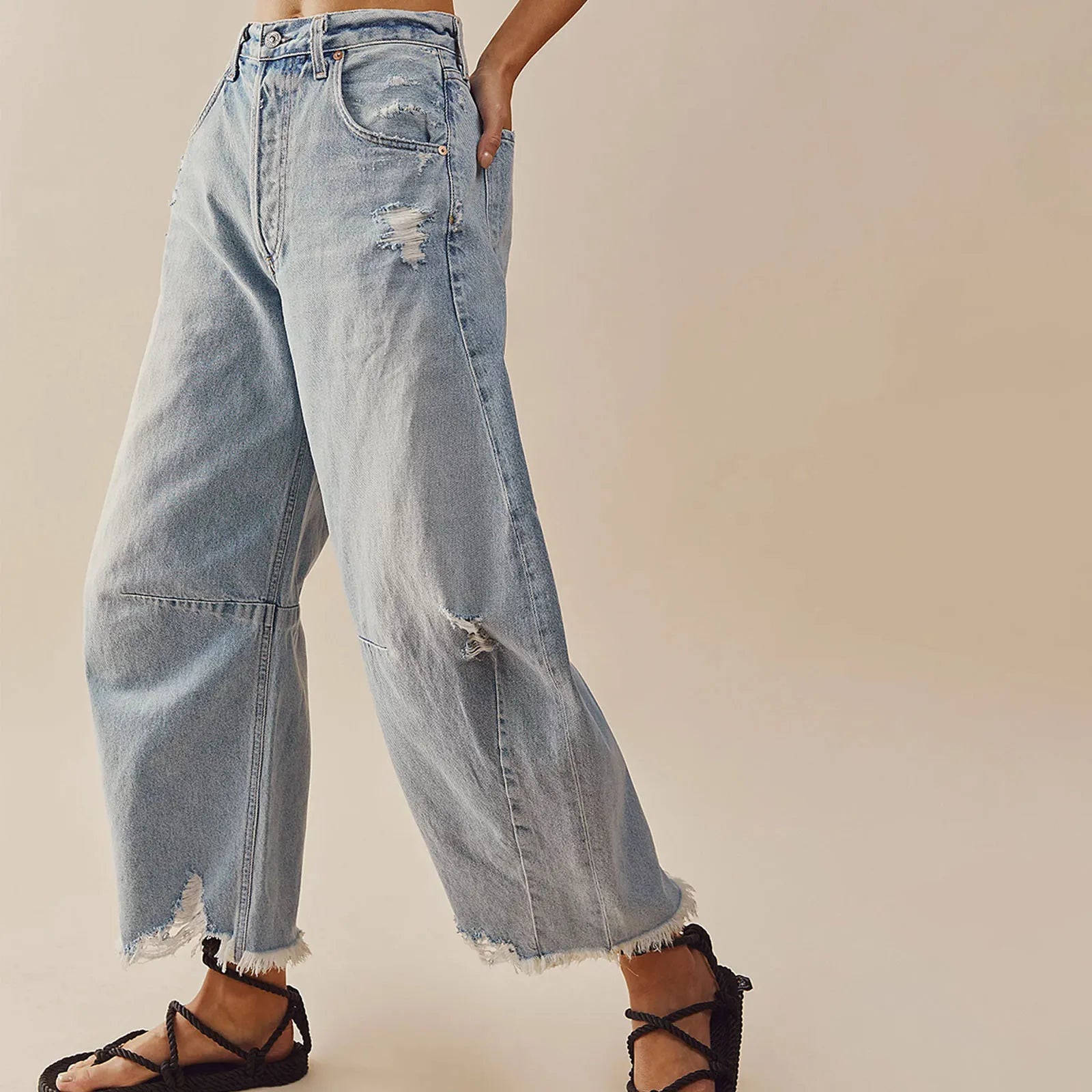 Women's Baggy Vintage Boyfriend Jeans Wide Leg Mid Rise Barrel Cropped Raw Hem Denim Ankle Pants Fashion Streetwear