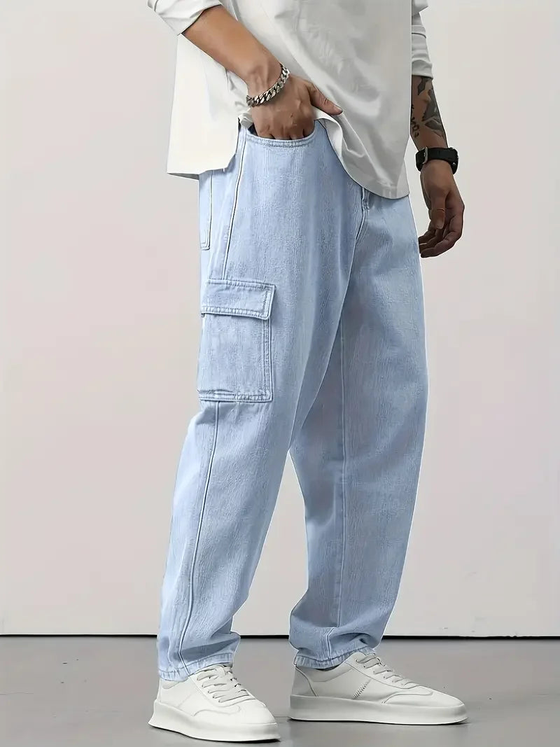 Men's Light Blue Straight-Leg Casual Jeans - Streetwear Style Regular Fit Denim Pants, Non-Stretch All-Season Comfort, Hand Wash