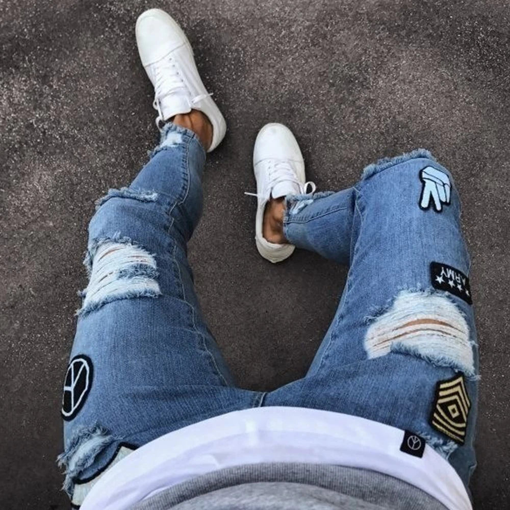 White Embroidery Skinny Ripped Jeans Men Cotton Stretchy Hole Slim Fit Hip Hop Denim Pants Casual Jeans for Men Jogging Trousers