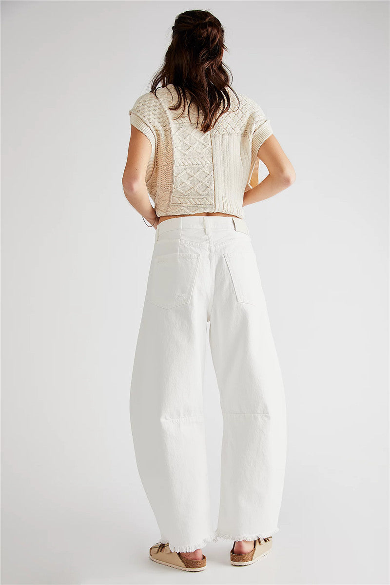 Women's Baggy Vintage Boyfriend Jeans Wide Leg Mid Rise Barrel Cropped Raw Hem Denim Ankle Pants Fashion Streetwear