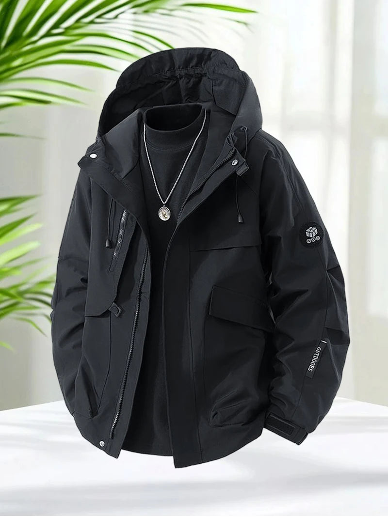Men’s Hooded Outdoor Windbreaker Jacket Windproof Coats Warm Tactical Coat with Multi Pockets for Hiking Camping Travel Autumn