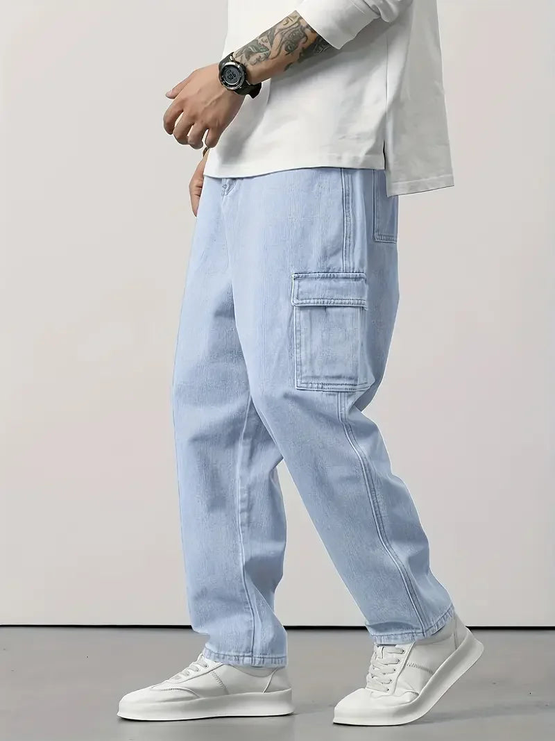 Men's Light Blue Straight-Leg Casual Jeans - Streetwear Style Regular Fit Denim Pants, Non-Stretch All-Season Comfort, Hand Wash