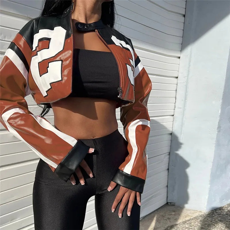 Women Crop Coat New Streetwear Fashion Letter Print Autumn Casual Sporty Wild Clothing Uniform Trend Female Faux Leather Jacket