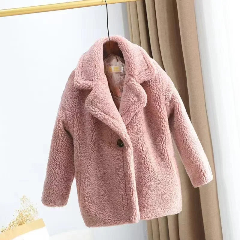 2025 New Winter Clothes for Girls Trench Coat Shorn Sheepskin Solid Color Long Overcoat Unisex Thicken Fur Turn Down Coolar