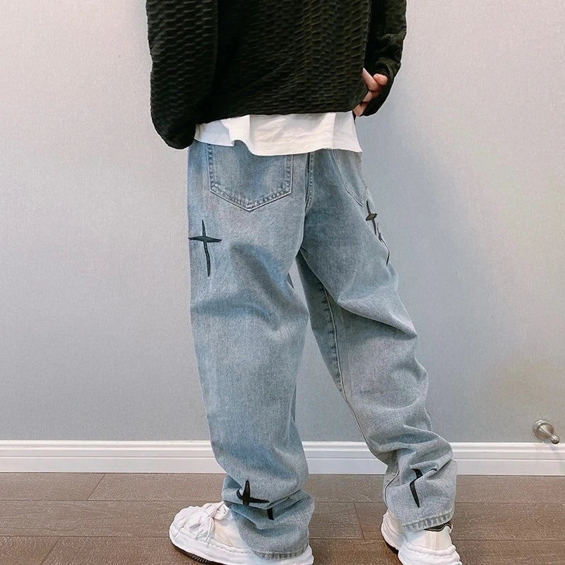 New Baggy Men's Jeans Embroidery Fashion Loose Denim Pants Streetwear Hip Hop Straight Wide Leg Trousers Casual Men Clothing