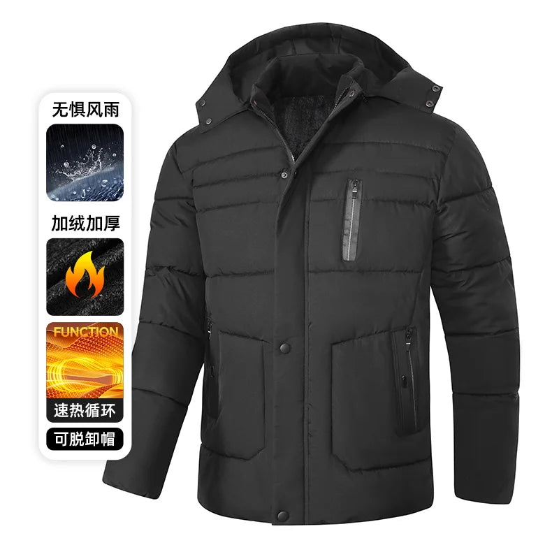Men Fleece Lined Thick Warm Cotton Coat Detachable Hooded Jacket