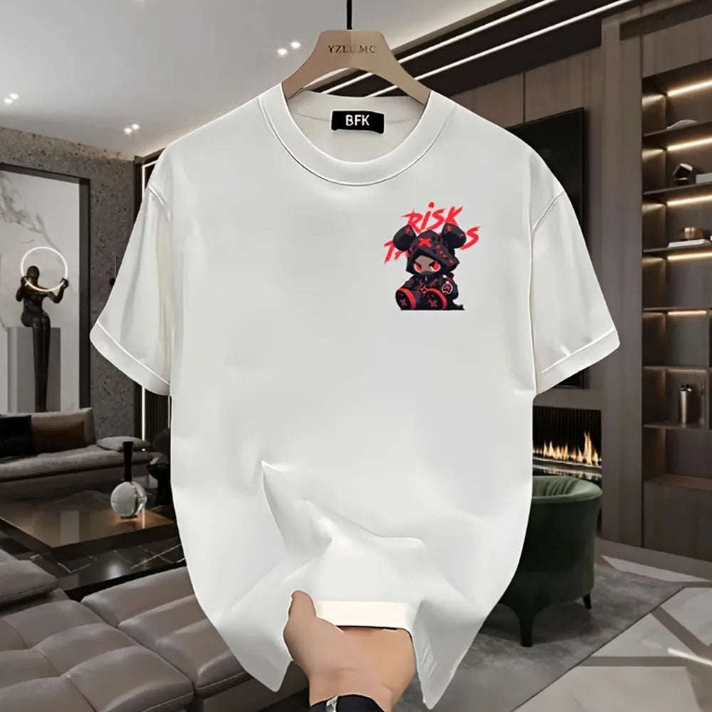 Hot selling men's high street cartoon printed polyester micro elastic breathable round neck T-shirt outdoor urban fashion top