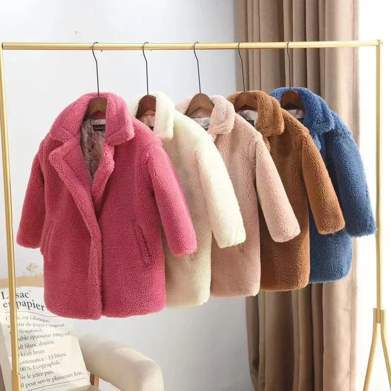 2025 New Winter Clothes for Girls Trench Coat Shorn Sheepskin Solid Color Long Overcoat Unisex Thicken Fur Turn Down Coolar