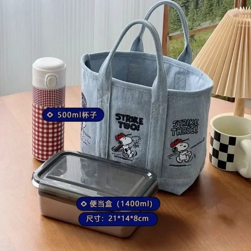 Snoopy Cute Kawaii Embroidered Canvas Mom Bag Lunch Office Bag Girls Student Outing Large Capacity Cartoon Print Handbag