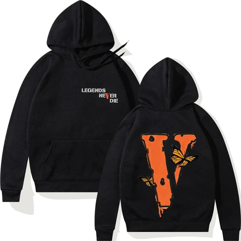 Spring and autumn 2024 Men's loose large v-printed hoodie, winter casual warm-lined hooded sweatshirt Hoodie Warm Winter Gifts B