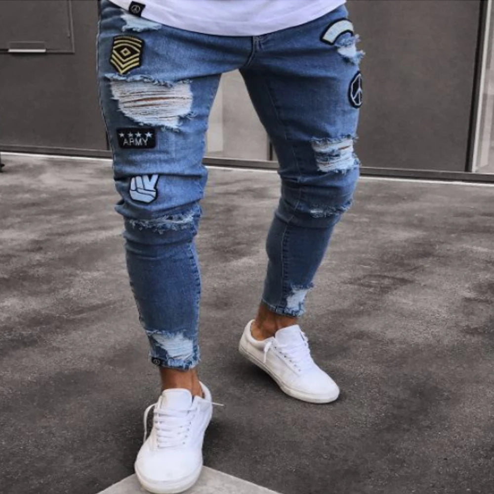White Embroidery Skinny Ripped Jeans Men Cotton Stretchy Hole Slim Fit Hip Hop Denim Pants Casual Jeans for Men Jogging Trousers